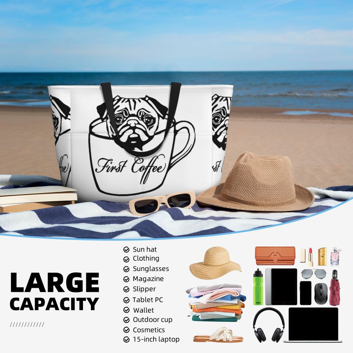 Pug First Coffee Beach Tote Ba - Yoga In Fitness First avis et prix